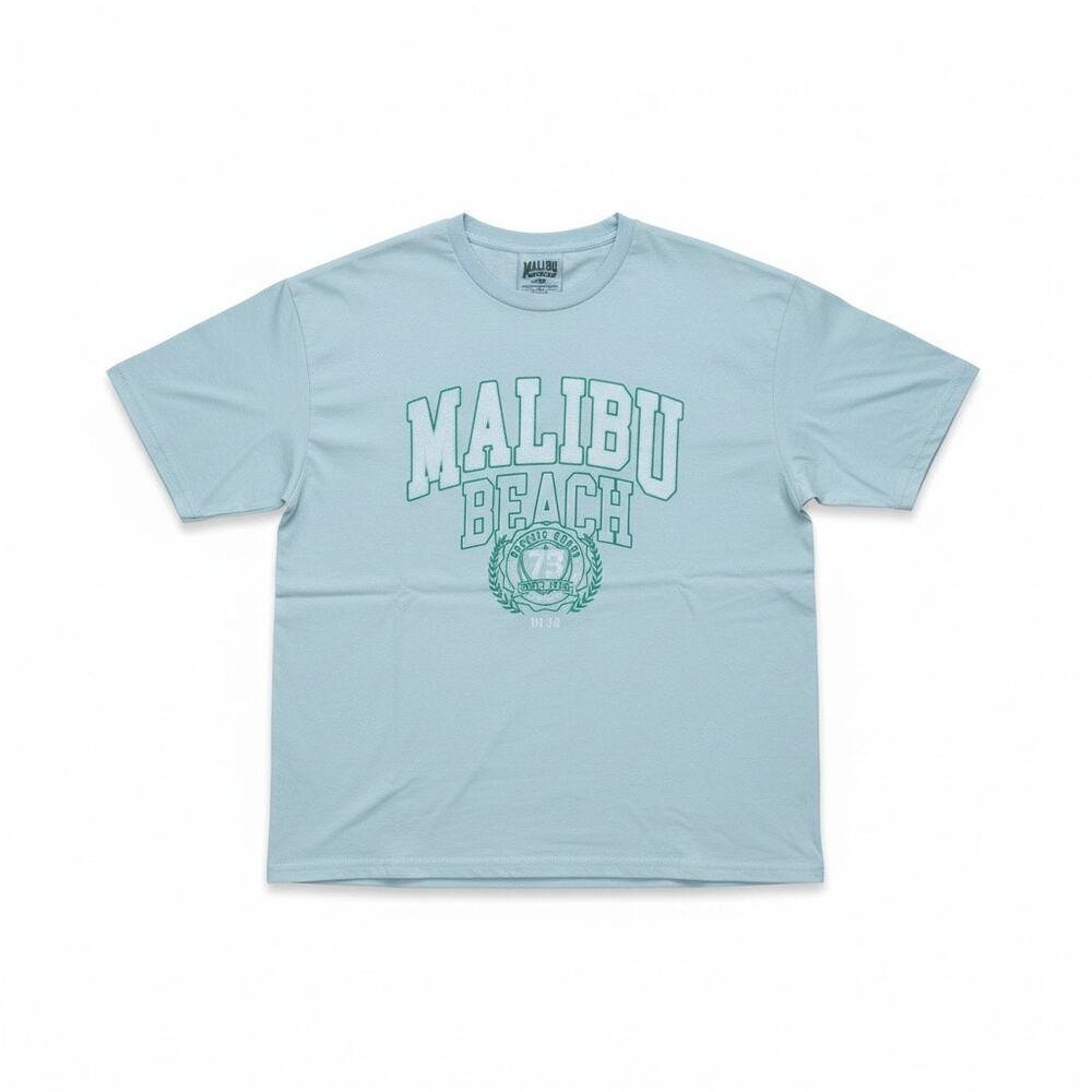 Malibu Beach Light Blue Graphic T – Vintage Style Surf Tee, Short Sleeve, 10-12